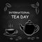 Black And White Drawing Of Cup And Teapot. Silhouette Of A Cup Of Tea And Teapot.
