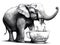 Black and white drawing of an elephant near a cup from which he drinks and in which birds swim. AI generated