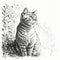 Black and white drawing of a Felidae with flowers in the background