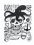 Black-and-white drawing of pirates attributes composition: skull, beard, eye patch, octopus, anchor, pipe, axe and