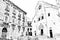 Black and white drawing representing one of the squares of the historic center and the facade of the cathedral in Bitonto in