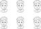 Black and white drawing set of cartoon faces a child with various expressions and emotions