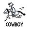 Black and white drawn stick figure of cowboy horseback rider text clip art. Wild masculine stallion for monochrome folk
