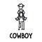 Black and white drawn stick figure of cowboy horseback rider text clip art. Wild masculine stallion for monochrome folk