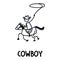 Black and white drawn stick figure of cowboy horseback rider text. Wild masculine stallion for monochrome folk icon