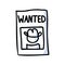 Black and white drawn stick figure of cowboy wanted poster clip art. Wild masculine criminal for monochrome folk icon