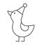 Black and white duck in a holiday hat. Vector circus or birthday animal. Amusement bird line icon. Cute funny festival character