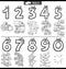 Black and white educational numbers set with cartoon vehicles