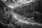 Black and white effect of impetuous stream in an alpine valley