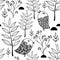 Black and white endless pattern with doodle birds in the forest.