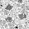 Black and white endless wallpaper with cute birds and doodle plants.