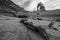 Black and white fallen tree with view of Delicate Arch