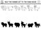 Black and white farm shadow matching activity with animals. Country village line puzzle with cute cow, pig, sheep, horse. Find