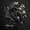 a black and white floral design on a black background with swirls and leaves. generative ai