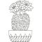 Black and white flowering Turbinicarpus with blossoming flowers in a pot. Cactus isolated. Botanical doodle for coloring book.