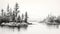 Black And White Forest Lake Drawing: Realistic Sketch Of Pine Trees