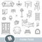 Black and white furniture set, collection of vector items with names in English. Cartoon visual dictionary