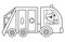 Black and white garbage truck icon. Man driving rubbish van with recycling sign. Line trash car illustration. Waste sorting