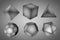 Black-and-white geometric figures tetrahedron, hexahedron, octahedron, icosahedron, dodecahedron and truncated
