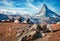 Black and white goats with Matterhorn peak on background. Picturesque autumn scene of Swiss Alps, Zermatt village location, Switze