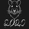 Black and white graffiti 2020 new year rat. Rat head and numbers with smudges of paint and drops. Template for greeting card or