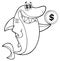 Black And White Greedy Shark Cartoon Mascot Character Holding A Dollar Coin