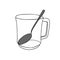 Black and white hand drawing outline vector illustration of a transparent empty glass cup and a gray spoon