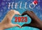 Black and white hand in the shape of a heart and the inscription HELLO 2023 and Santa Claus hat on a blue background