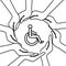 Black and white hands around wheelchair pictogram in the form of a circle