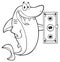 Black And White Happy Shark Cartoon Mascot Character Holding A Dollar Bill.