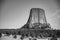 Black and white HDR of Devil`s Tower National Monument in Crook County Wyoming