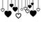 Black and white hearts hanging on rope. Graphic for Valentines Day. Clean and lovely design for cards.