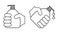 Black and white icon. A hand holds a bottle, a tube of liquid soap. Disinfection and prevention, prevention of infection by