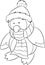 Black and white illustration of a baby penguin, dressed for winter, with scarf and hat, perfect for children`s coloring book