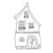 Black and white illustration with a cheerful house. For autumn, winter, spring, summer design of cards, labels, prints