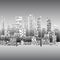 Black and white illustration with city buildings and skyscrapers