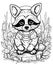 Black and white illustration for coloring animals, raccoon.