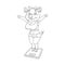 Black and white illustration of cute female pig with pleased facer standing on floor scales