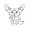 Black and white illustration of cute fennec fox with smile who speaking or making selfie on smartphone