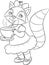 Black and white illustration of a cute little girl raccoon, beautifully dressed, drinking tea, for children`s coloring book