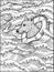Black and white illustration of dog swimming in sea waves with life saving ring to sinking man