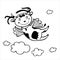 Black and white illustration of flying funny cow in the sky with clouds.