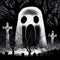 Black and white illustration. Huge white hungry ghost, spooky graveyard. Horror