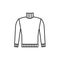 Black & white illustration of knitted warm long sleeve high collar sweater pullover. Vector line icon of winter handmade clothes.
