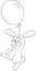 Black and white illustration of a little rabbit, with a balloon, floating in the air, perfect for coloring book or Easter card