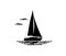 Black and white illustration of sailing boat isolated on white background. Water, birds.