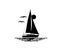 Black and white illustration of sailing boat isolated on white background. Water, birds, sun, silhouettes.