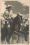 Black and white illustration shows Mexicans on horseback. Drawing shows the Wild West. Vintage black and white picture