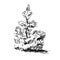 Black and white illustration of spruce, coniferous plant. lush cone-shaped plant. tree in wood. ecology