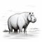 Black And White Illustration Of A Standing Hippopotamus In Water